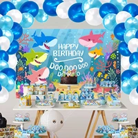 shark happy birthday party decorations kids shark tapestry background cloth with white blue balloons arch kit for baby shower