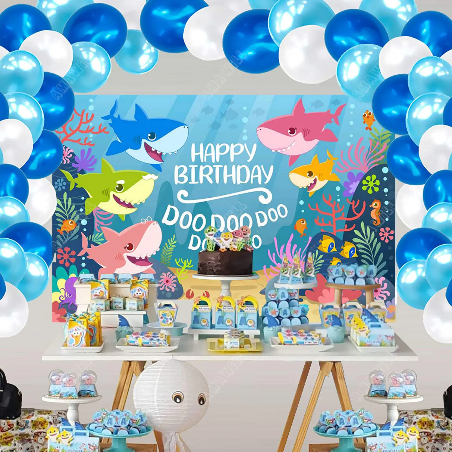 Акула с днем рождения украшения Дети гобелен фон ткань белыми синими шарами