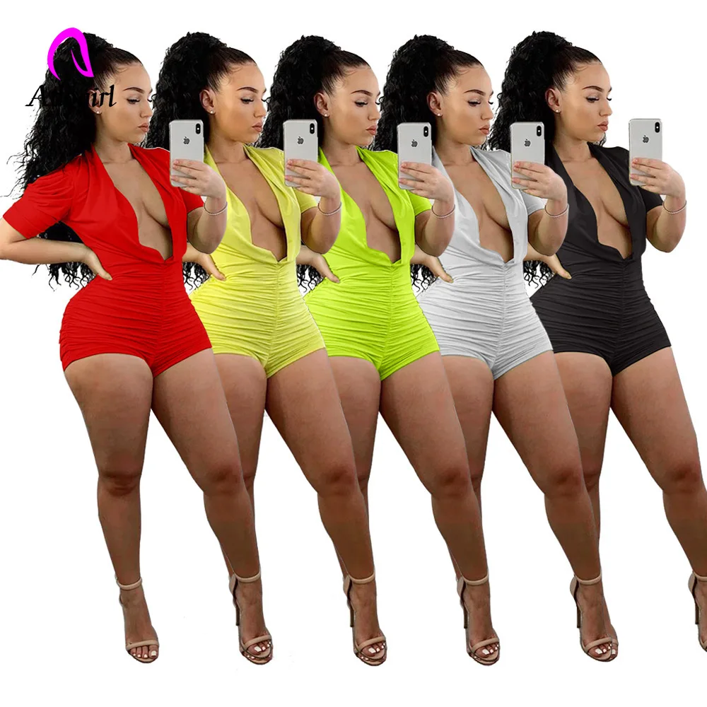 

Неоновые женские комбинезоны с рюшами, цельный комбинезон, сексуальный комбинезон с глубоким V-образным вырезом и коротким пышным рукавом, облегающие комбинезоны, лето 2021, вечерние Клубные Комбинезоны