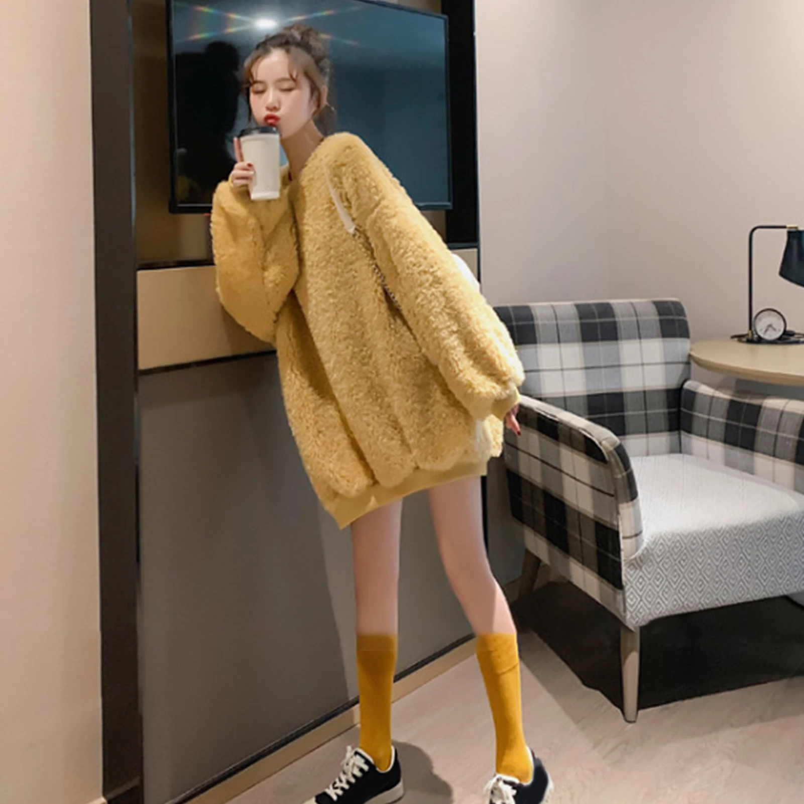 Women Autumn Winter Solid Color Pullover Plush Thick Oversized Sweatshirt Hoodie
