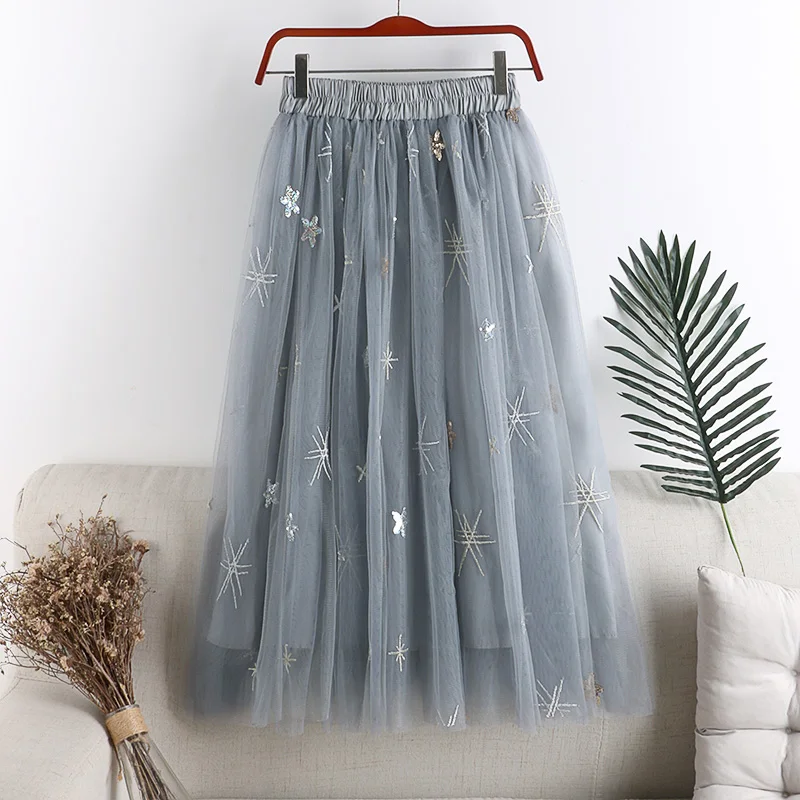 

High Quality Embroidered Sequins Skirts Womens 3 layers Mesh Gauze Skirt Sweet Ladies Tulle Long Skirt Stars Sky Fairy Skirts
