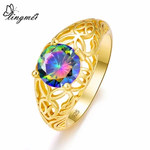 Кольцо lingmei, серебряное, желтое, золотое, с цирконом, размер 6-9