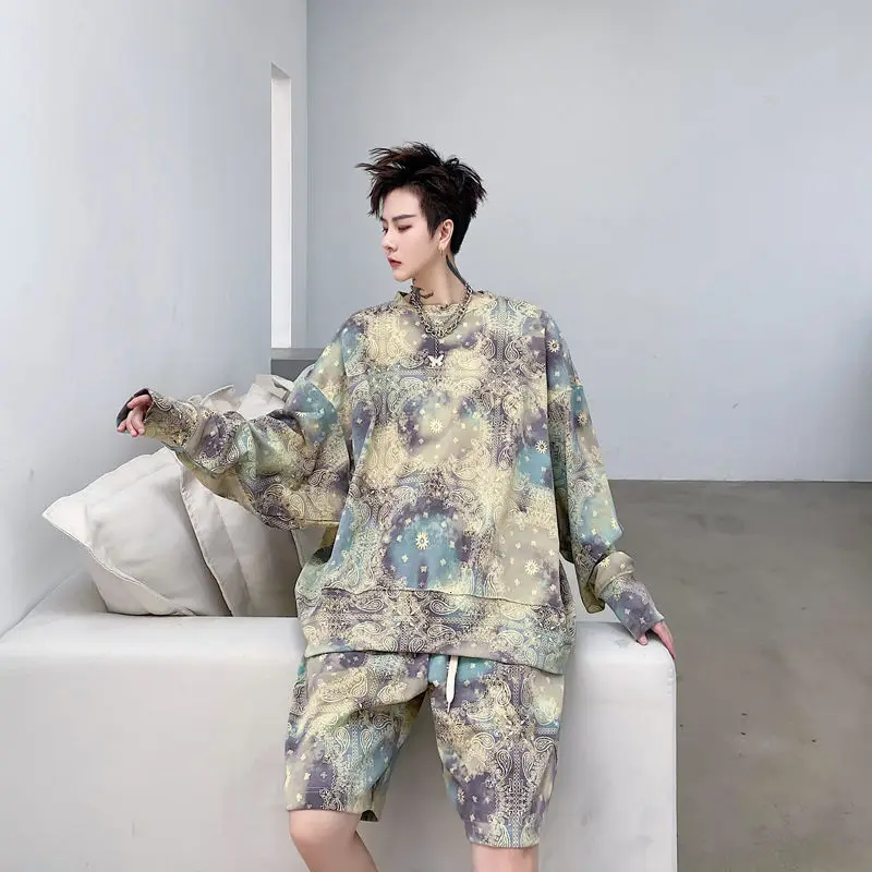 

IEFB 2021 Spring Summer Pattern Tie Dye Printing Loose Men's Casual Sports Suit Pullover Tops + Loose Shorts Streetwear 9Y6106