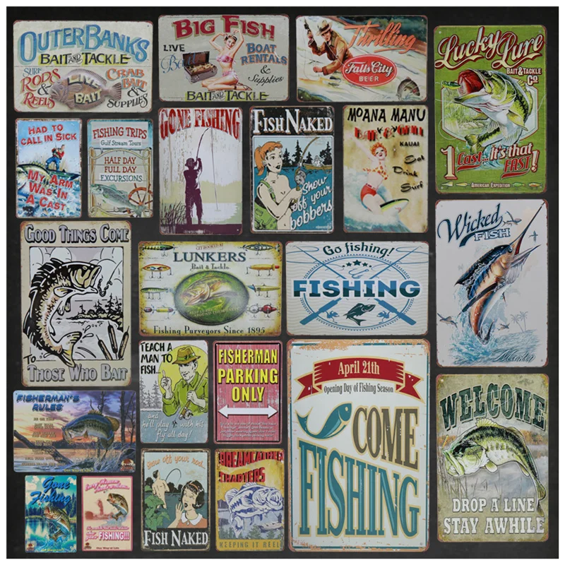 

Go Fishing Shabby Tin Sign Vintage Bar Pub Up Metal Plate Poster Wall Decor Signs Iron Painting Retro Stickers Plaques 20x30cm
