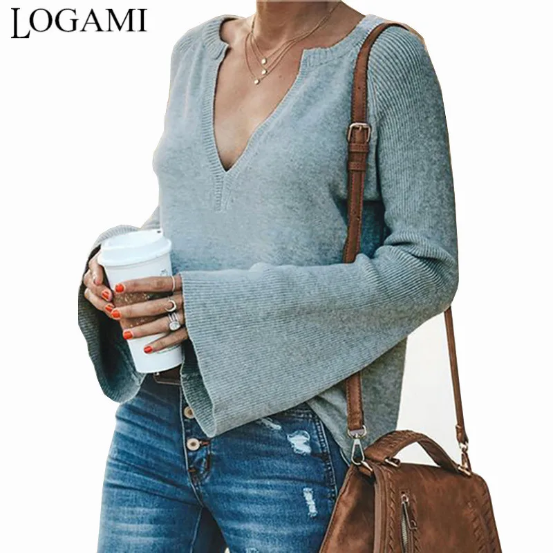 

Вязаный свитер LOGAMI с V-образным вырезом и расклешенными рукавами, мягкий Повседневный осенний пуловер, Новое поступление, женский свитер, зи...
