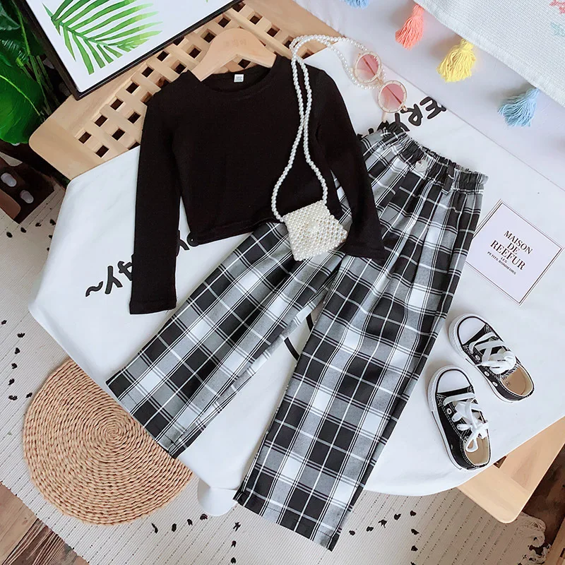 

Autunm Kids Girls Clothes Sets Long Sleeve T-shirts + Plaid Wide Leg Pants Autumn Children's Clothing 2Pcs Set