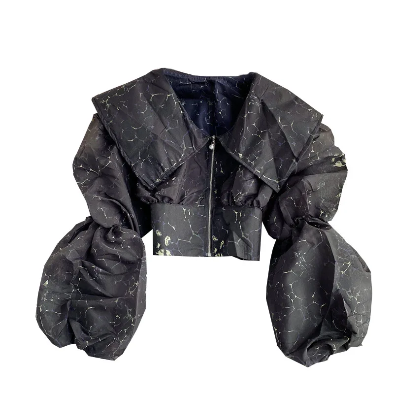 

Vintage Design Mesh Women Blouse Big Turn-Down Collar Lantern Sleeved Zipper Short Empire Sexy Female Outwear Tops