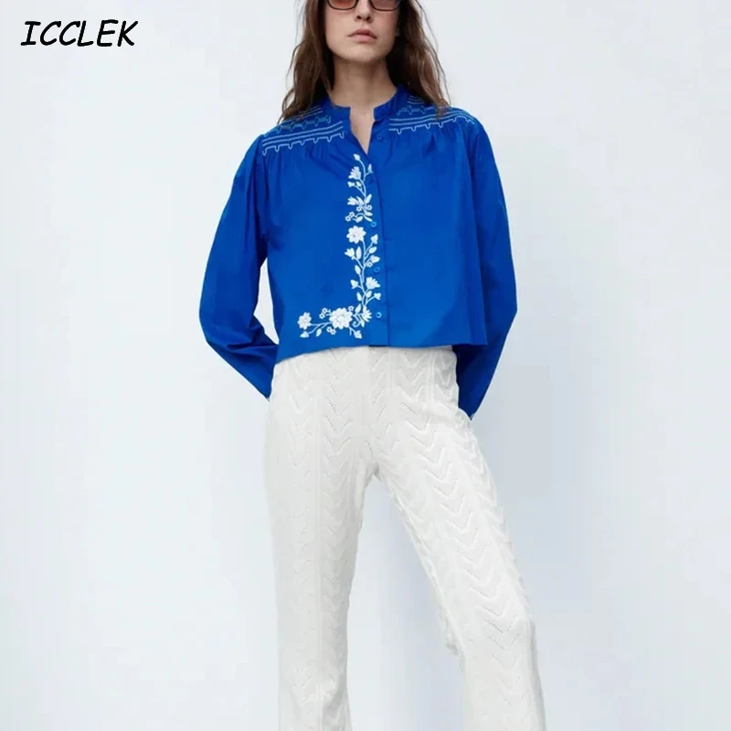 

Fashion Woman Blouses 2021Vintage Floral Embroidery Women's Shirt Long Sleeve Blouses Cotton Cropped Top Women Female Shirts Trf