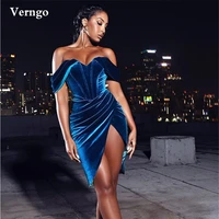 verngo fashion blue velour short prom dresses off the shoulder sweetheart side slit pleats above knee party cocktail gowns 2021