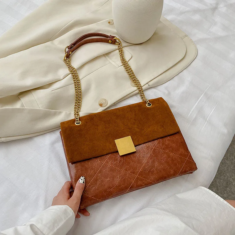 

2021 New Vintage Suede and Pu Pleather Golden Chain Shoulder Bag Luxury Handbags Ladies Designer Crossbody Bags For Female