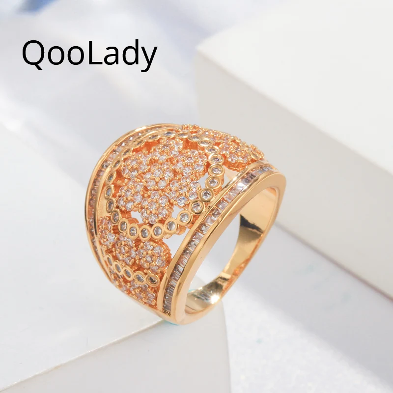 

QooLady Quality Luxury African Yellow Gold Wide Micro Pave Cubic Zirconia Flower Ring for Women Wedding Accessories Jewelry F026