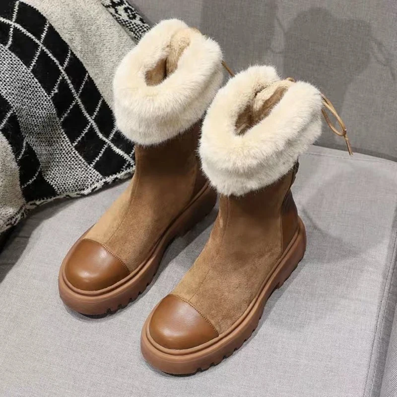 

Fashion Suede Leather Natural Fur Lined Women Casual Mid-Calf Winter Snow Boots Warm Shoes Hoof Heels Waterproof Boots
