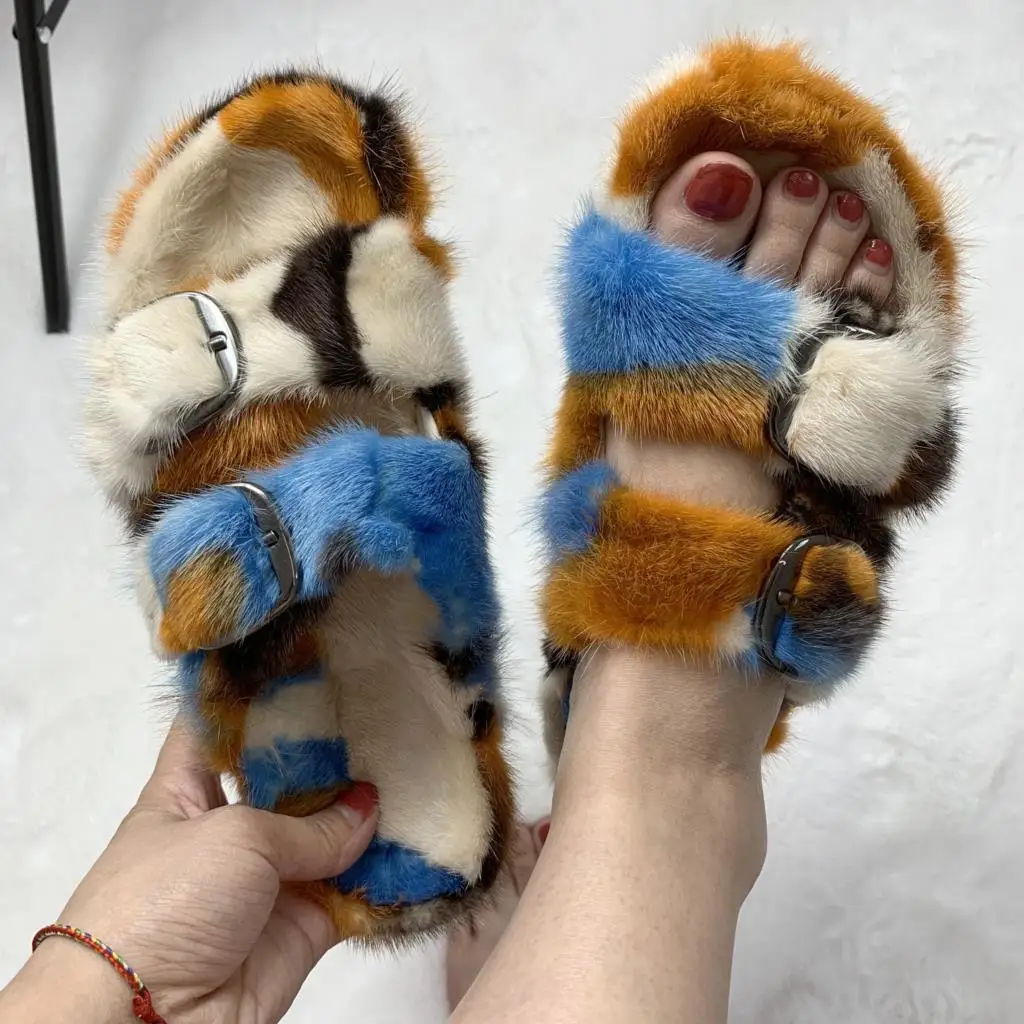 

Шлепанцы женские из меха норки, роскошные модные сандалии на плоской подошве, Повседневная Уличная обувь, для путешествий, дизайнерские сла...