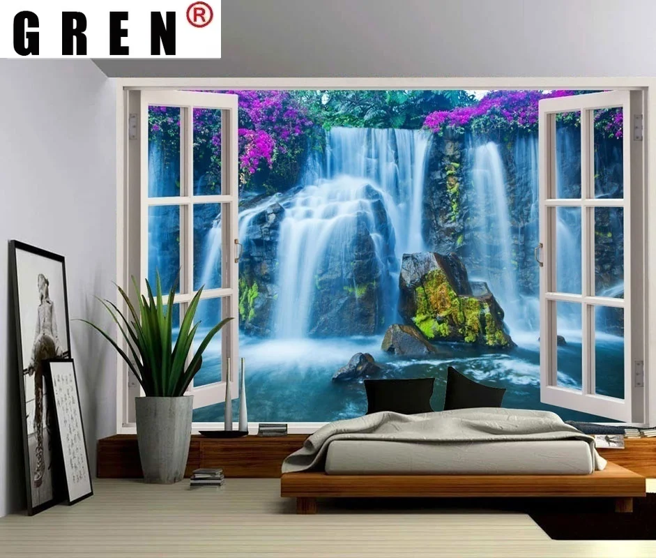 

GREN Seascape Waterfall Background Wall Cloth Tapestry Hanging Wall Art Tapestry Bedroom Window Modern Home Decor Living Room
