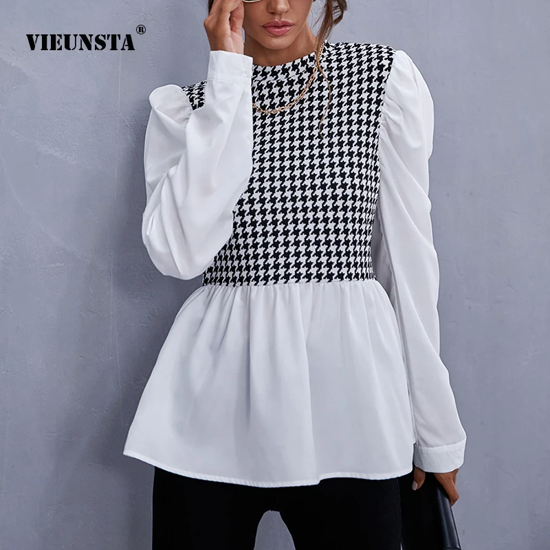 

2021 Women's Autumn Clothes Elegant Round Neck Tops Temperament All-Match Plaid Splicing Shirt Fashion Bubble Long Sleeves Tops