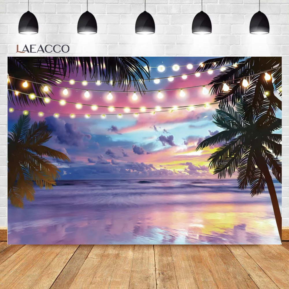 

Laeacco Summer Evening Seaside Party Photography Palms Tree Chandelier Backdrop Baby Poster Portrait Customized Photo Background