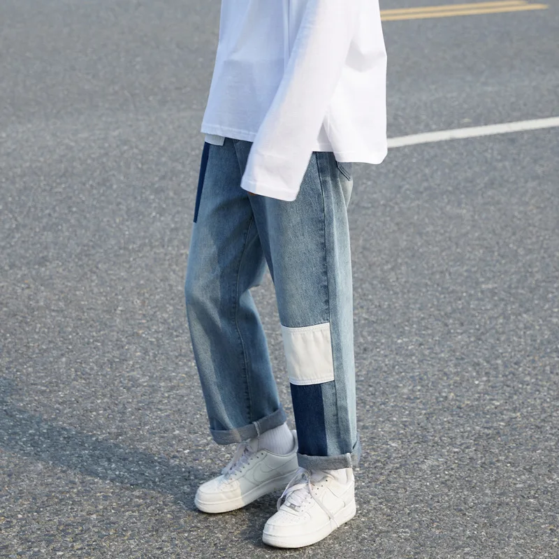 Men Jeans Patchwork Trendy Panelled Loose Leisure Chic Males Denim Straight Punk All-match Retro Trousers Baggy Cowboy Students
