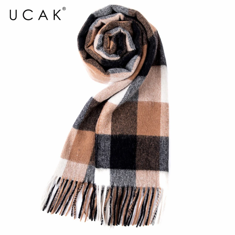 UCAK Brand Autumn Winter Warm Scarfs Soft Men Women Casual Plaid Pure Wool Scarf Shawl Wrap Knit Long Striped With Tassel A20
