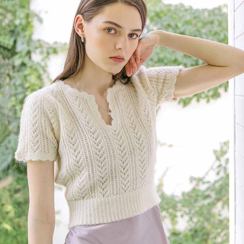 

Women Summer Tops Short Sleeved Knitted Blouse Casual Loose Hollow Short Top