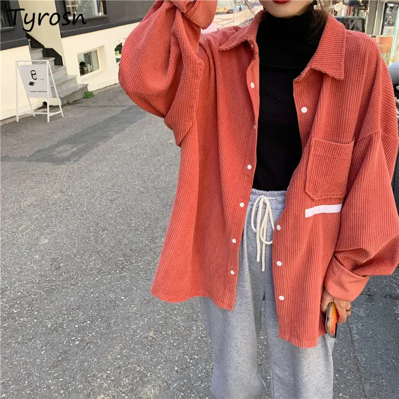 

Женские рубашки с отложным воротником в японском стиле Harajuku, повседневные вельветовые рубашки большого размера в стиле хип-хоп