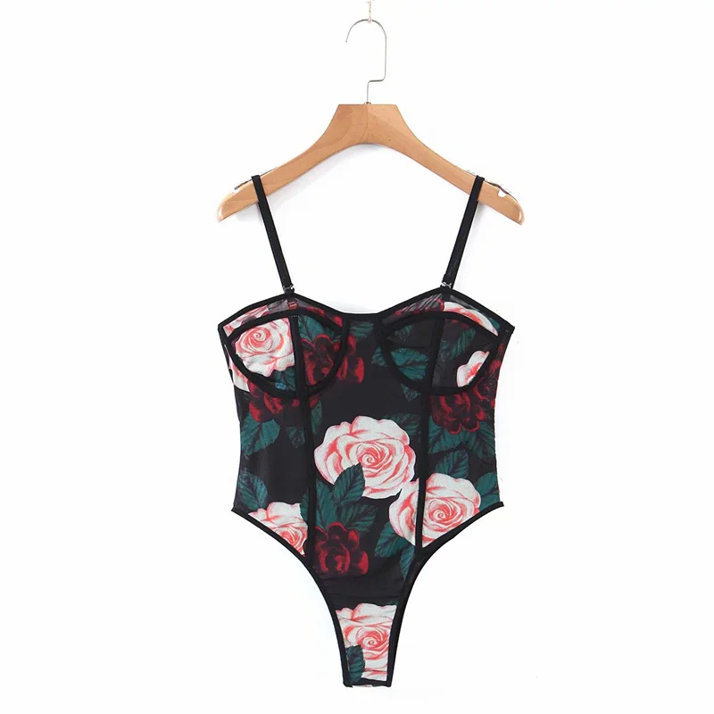 

Chu Sau Beauty 2021 New Ladies Tight-Fitting Printed Mesh One-Piece Black Elastic Sleeveless Floral Sexy Top