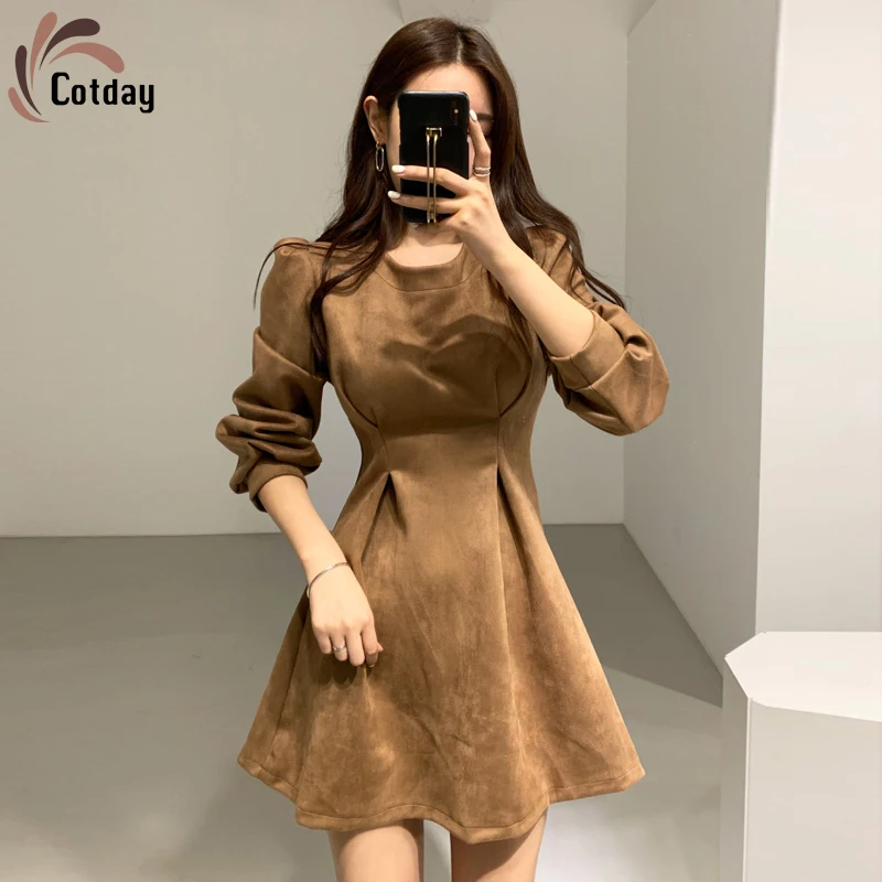 

Cotday short Asapgot Korea Chic Elegant Light Mature Woman Spring Casual Temperament Slim Close your waist Mini Full Dress