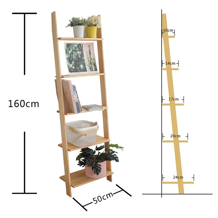 

Nordic solid wood floor trapezoidal shelf against wall Multistory ladder simple flower rack bookshelf shelves organization