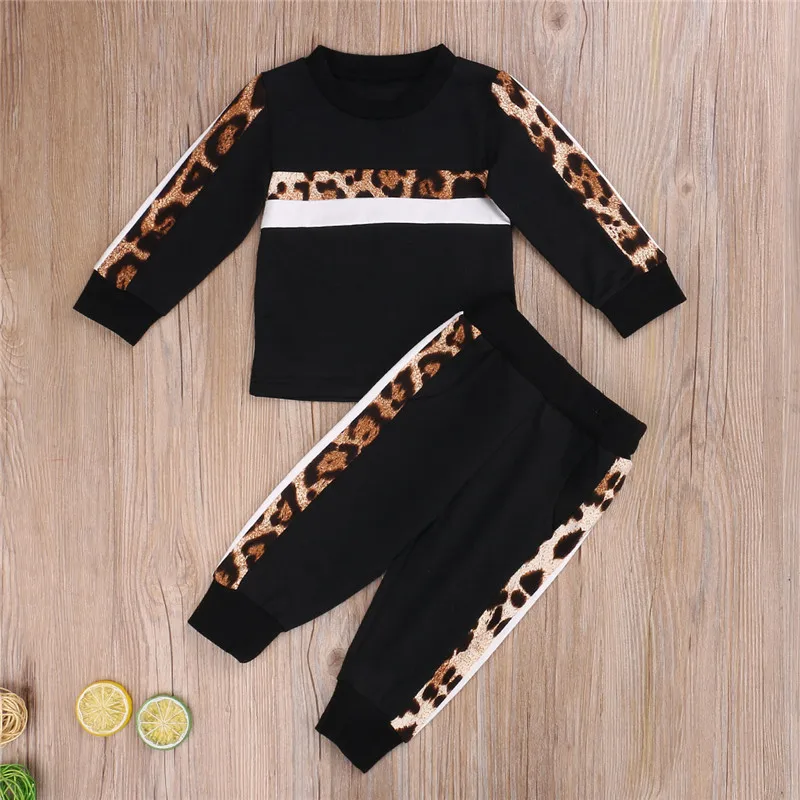 

Toddler Baby Girl Leopard Printed Clothes Sets Autumn Winter Long Sleeve Ruffles Round Neck T-shirt High Waist Pants Outfit Sets