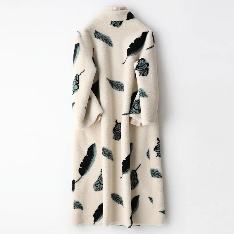 Women Wool Fur Autumn Winter Composite Fur One Piece Coat Print Long Thick Warm Half Sleeves Mandarin Collar Casual Pink Jackets