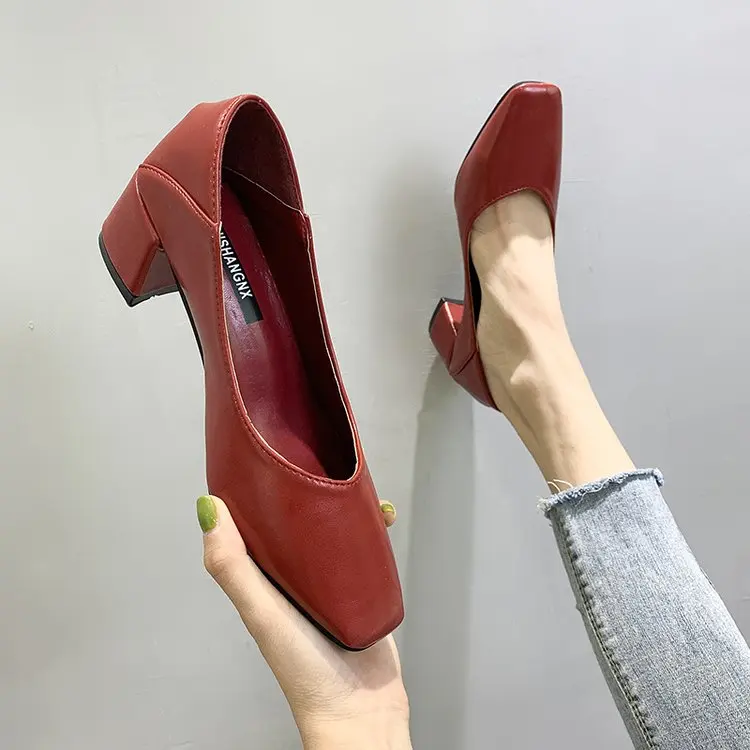 Wine red Г., новые осенние женские тонкие туфли корейские модные повседневные офисные туфли-лодочки на Высоком толстом квадратном каблуке с закрытым носком - Цвет: Wine red