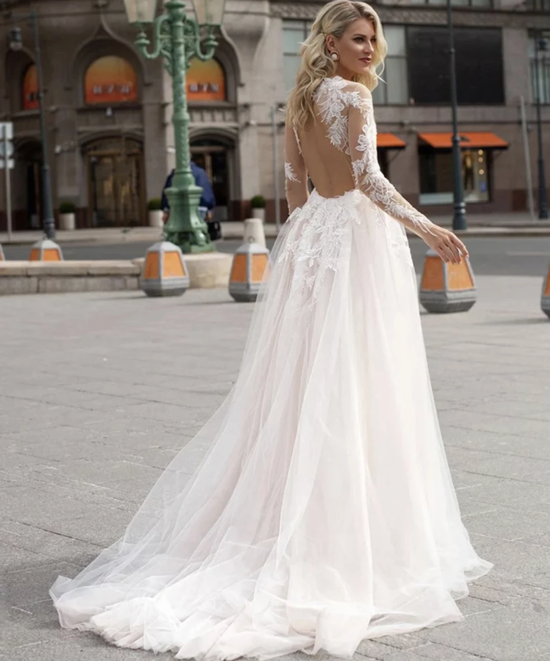 Wedding Dress A-Line Sheer Neck Full Sleeve Backless Button Tulle Floor Length Sweep Train Elegant Bride Gown Custom Made 2021 second hand wedding dresses