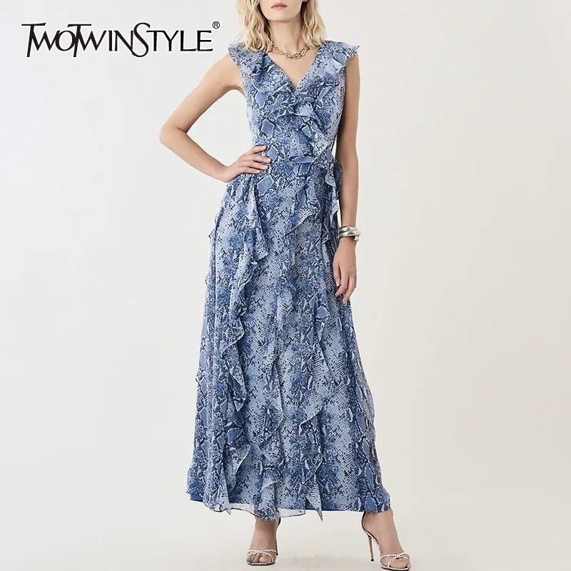 TWOTWINSTYLE Snake Print Sleeveless Women Dress V Neck Off Shoulder Ruffles High Waist Ankle Length Dresses Female Summer 2020 | Женская