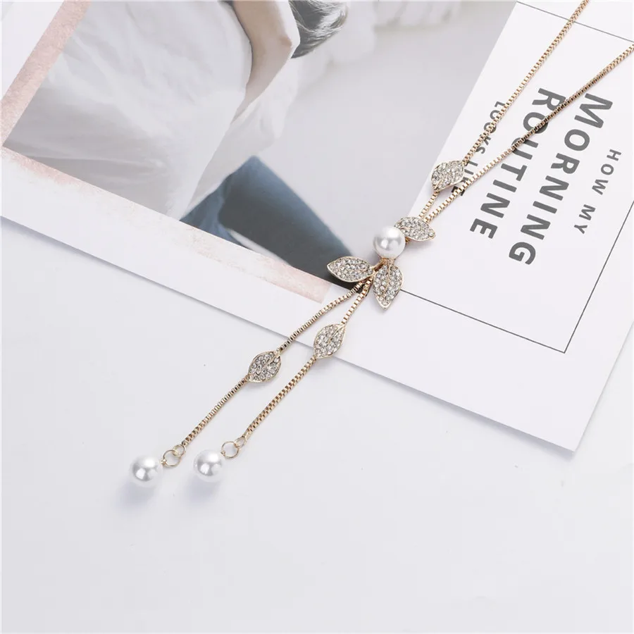 Многослойная подвеска с жемчужными кристаллами в виде листьев и цветов длинная