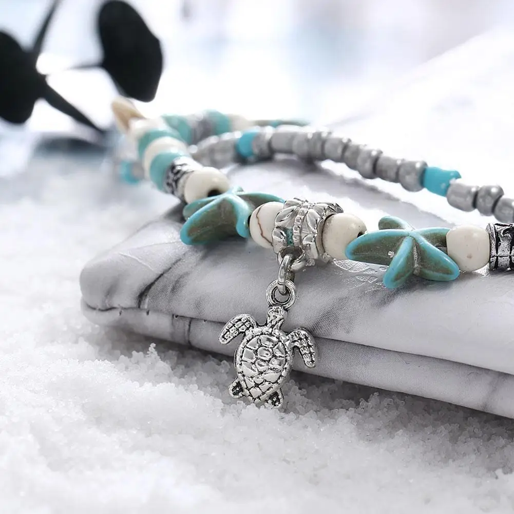 Браслет двухслойный Женский на ногу анклеты из золотистой ракушки с кулоном