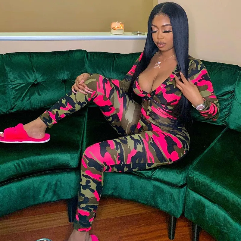 

Sexy One Piece Sleepwear New Hot Sale Sexy Butt Flap Women Jumpsuits Skinny Buttons Up V-neck Romper Camouflage Print Pajamas