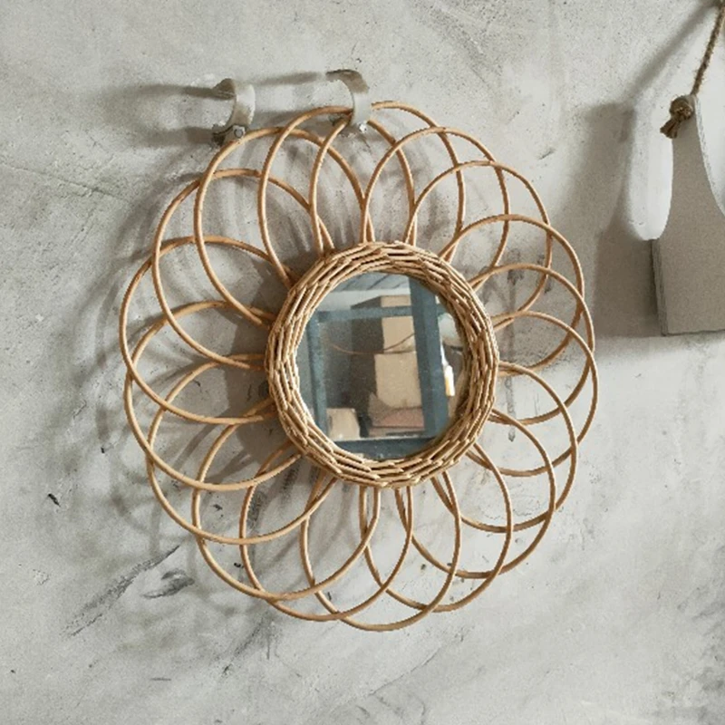 

Rattan Innovative Art Decoration Round Makeup Mirror Dressing Bathroom Wall Hanging Mirrors Craft