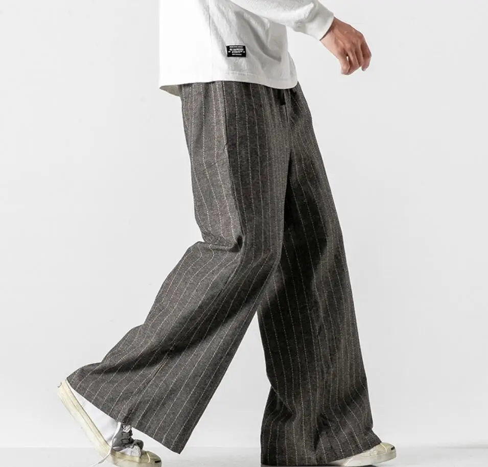 

Sinicism Store Men Striped Chinese Style Wide Leg Pants Mens Japan Style Loose Trousers Male Oversize Vintage Casual Pants