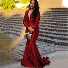 Темно-красные платья YiMinpwp для подружек невесты, платья с глубоким V-образным вырезом и длинным рукавом, свадебные платья со шлейфом и драпировкой