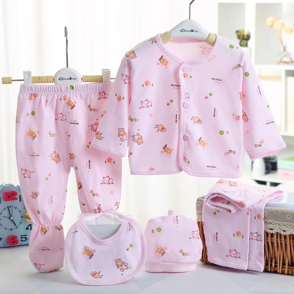 pink 2 CYSINCOS комплект одежды унисекс из 5 предметов для малышей 0-3M, хлопковая одежда для новорожденных девочек комплект одежды для сна для маленьких мальчиков Одежда для новорожденных с мультяшным принтом Подарочный комплект - Цвет: pink 2