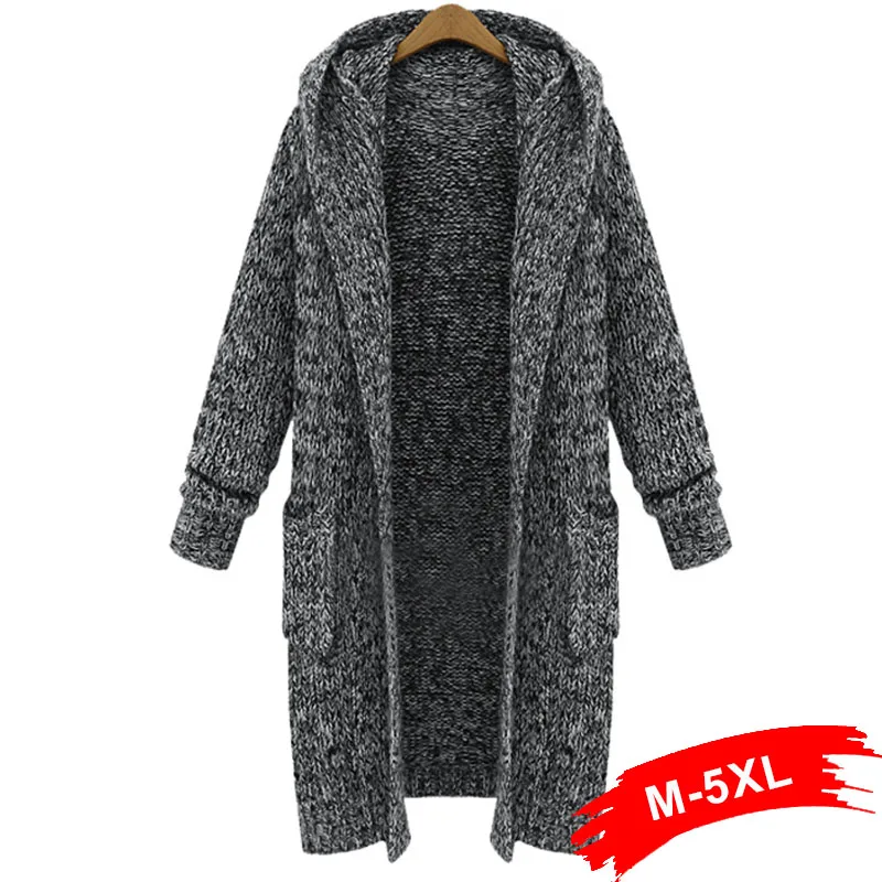 Женский Повседневный Свободный кардиган зимний свитер средней длины с капюшоном