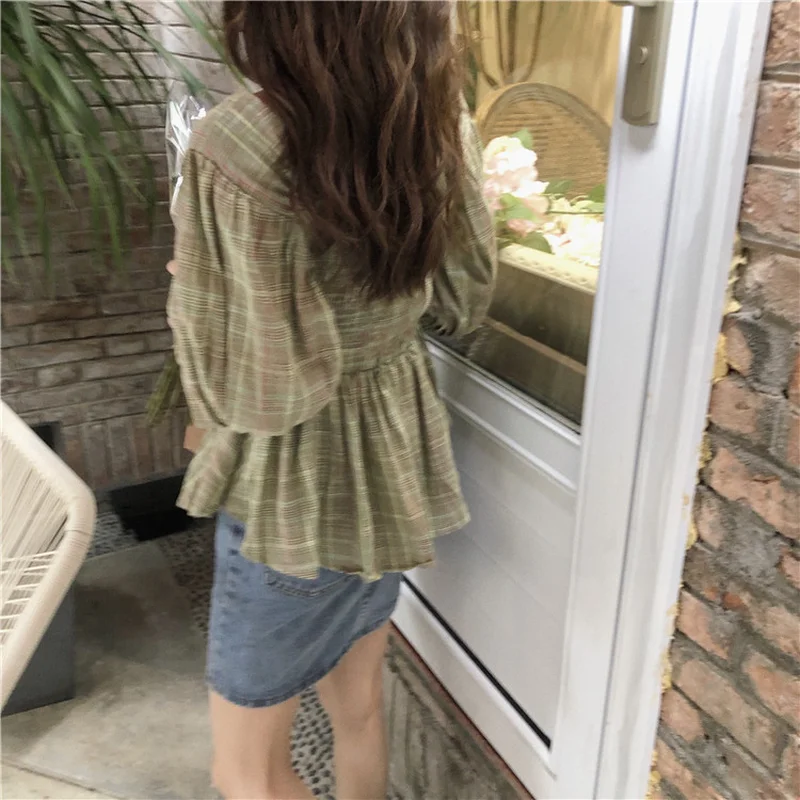 

Blouses Women Summer Plaid Lovely Korean Style All-match Students Stretchy Short Sleeve Blouse Womens Square Collar Trendy Daily