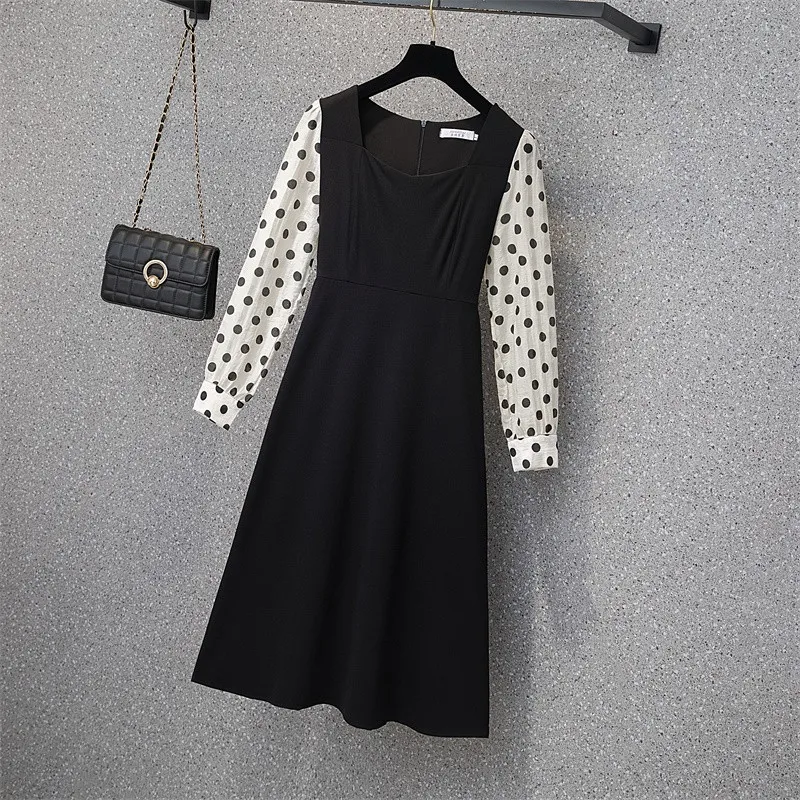 

4XL plus size women vintage dot Patchwork autumn dress winter 2021 long sleeve square collar loose casual a line long dresses