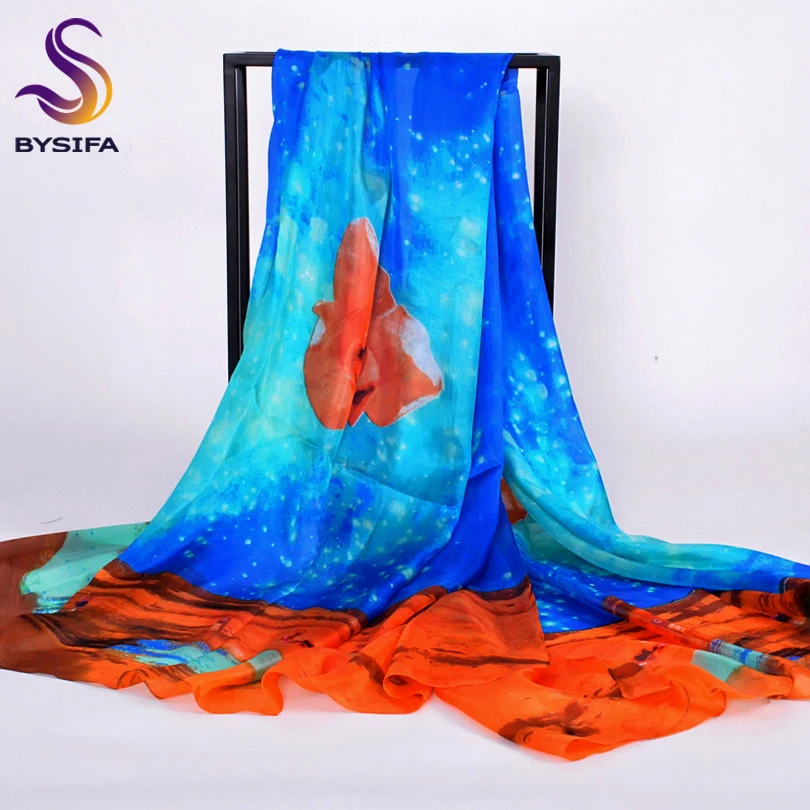 [BYSIFA] зимний темно-синий женский шелковый шарф шаль дизайн Apple женские длинные