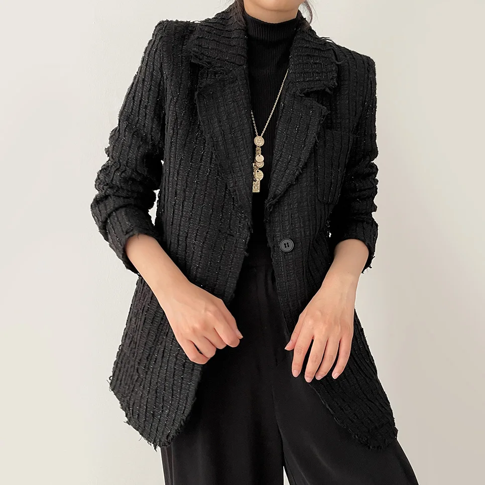 Новые твидовые куртки пальто Переплетенные на осень 2022 черная шерстяная