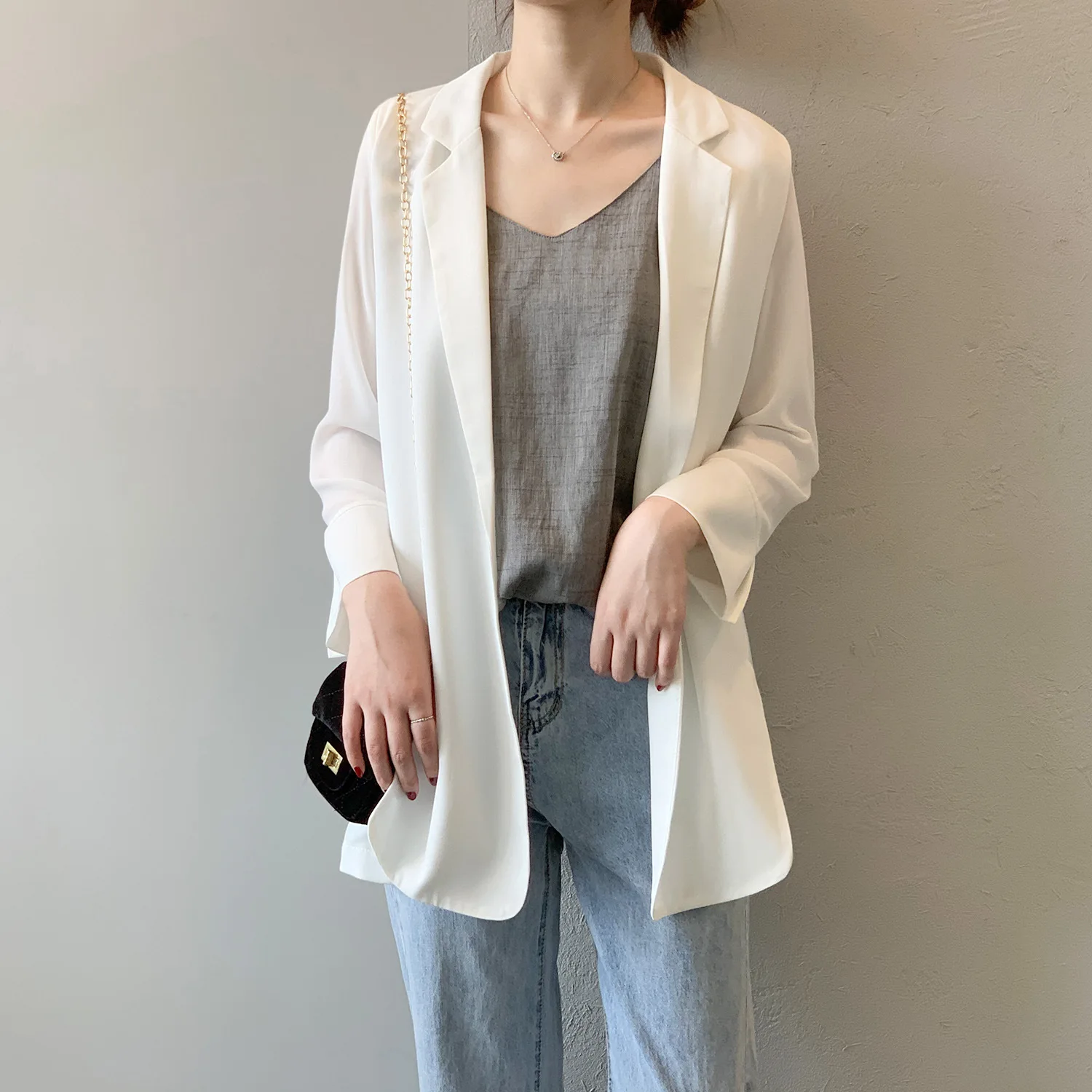 

Spring Women Blazers 2021 Solid Long Sleeves White Office Lady Thin Outfits Windbreak Black Chiffon Summer Single Breasted Coats