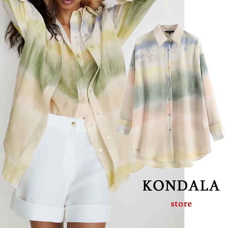 

KONDALA Za 2021 Women Tie Dye Print Shirts Long Sleeve Vintage Single Button Oversized Shirts Blouses Elegant Stylish Mujer Tops