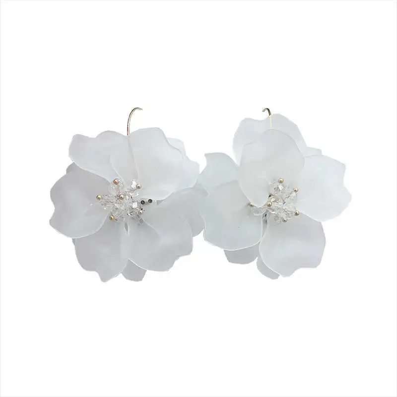 

Minar Elegant White Arcylic Flower Earrings for Women Clear Crystal Flowers Petal Hanging Drop Earrings Wedding Party Jewelry