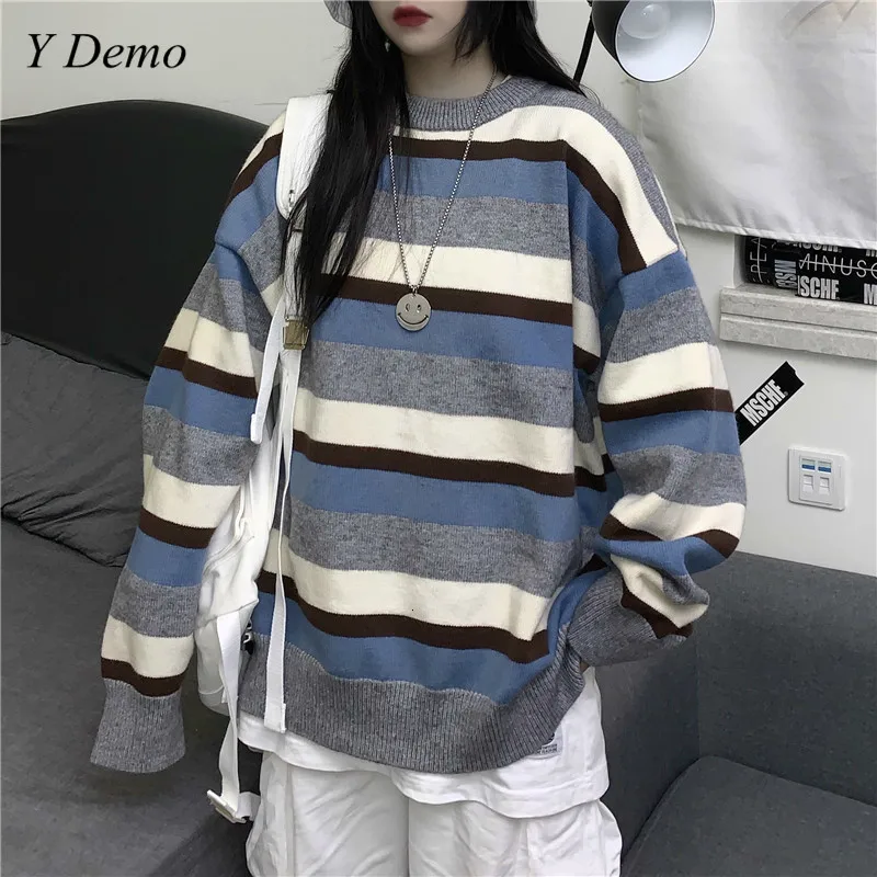 Осенняя уличная одежда женский длинный рукав свободный полосатый вязаный свитер