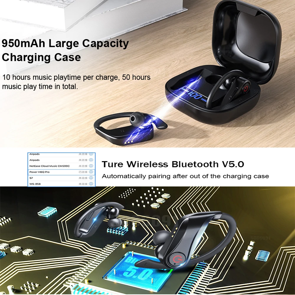 HBQ Q62 TWS Bluetooth наушники V5.0 настоящие Беспроводные наушники с Ушными крючками, стерео спортивные наушники с 950 мА · ч, чехол для зарядки