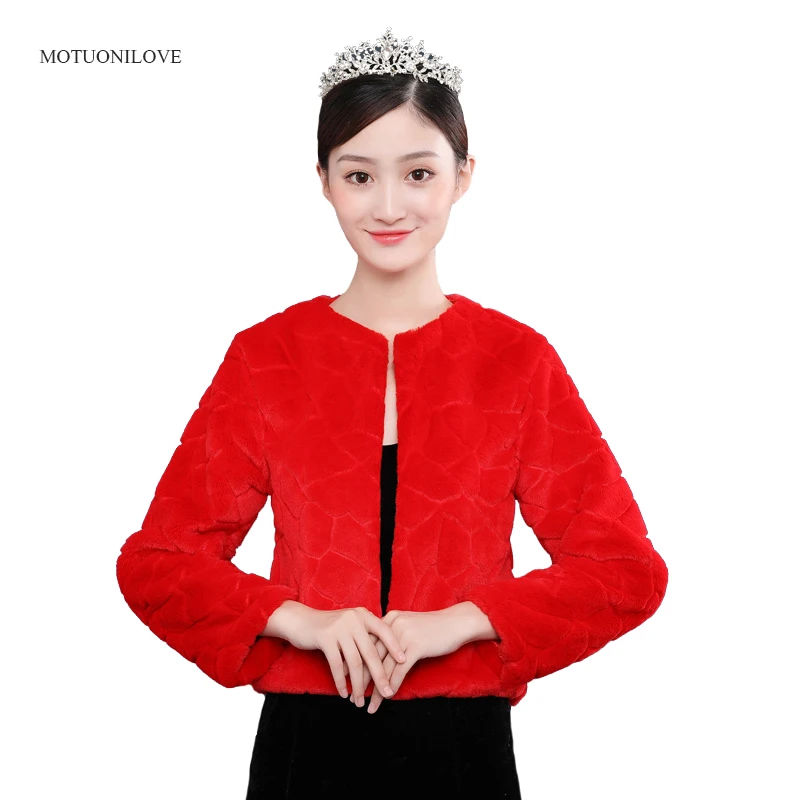

estolas fiesta mujer Winter Fur Jacket Shrugs Red Ivory Long Sleeves Wedding Coat Bridal Cape Faux Fur Wrap Bolero Femme Mariage
